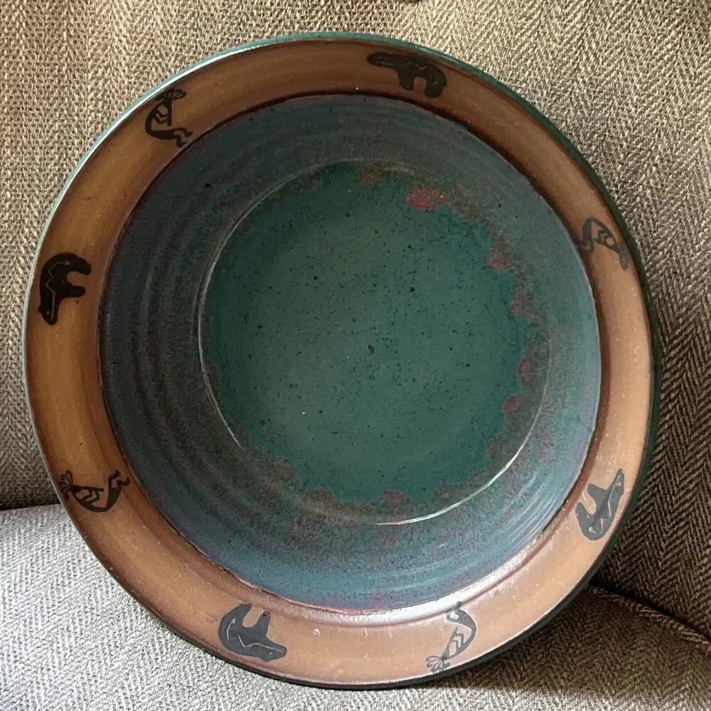 Vintage A&A Art Pottery Centerpiece Bowl Teal Blue Aztec Design Bear RARE